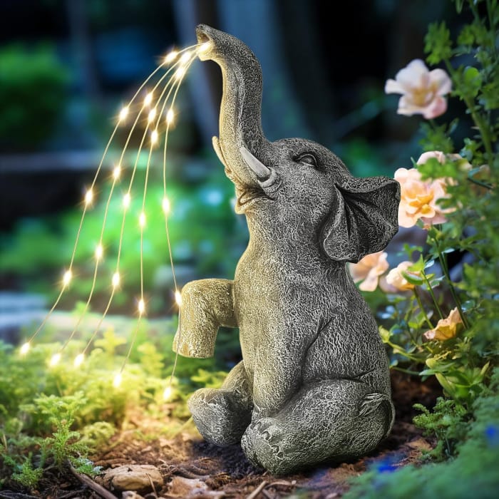 Solar Garden Decor Watering Elephant Statues Outdoor